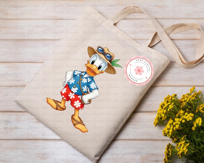 May include: Beige canvas tote bag featuring a cartoon image of Donald Duck in a Hawaiian shirt, sunglasses, and a straw hat. The bag has long handles and a round pink sticker with text. Yellow flowers are in the background.