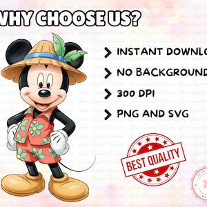 May include: A digital illustration of Mickey Mouse in a Hawaiian shirt, shorts, and a straw hat. Text includes "WHY CHOOSE US?" and details: Instant Download, No Background, 300 DPI, PNG and SVG. A "BEST QUALITY" badge is also present.