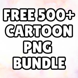 K&ouml;nnte beinhalten: Textgrafik mit den Worten "FREE 500+ CARTOON PNG BUNDLE" in fetten, schwarzen Buchstaben mit wei&szlig;em Umriss. Der Hintergrund ist eine weiche Aquarellwaschung aus Rosa, Lila und Gelb.