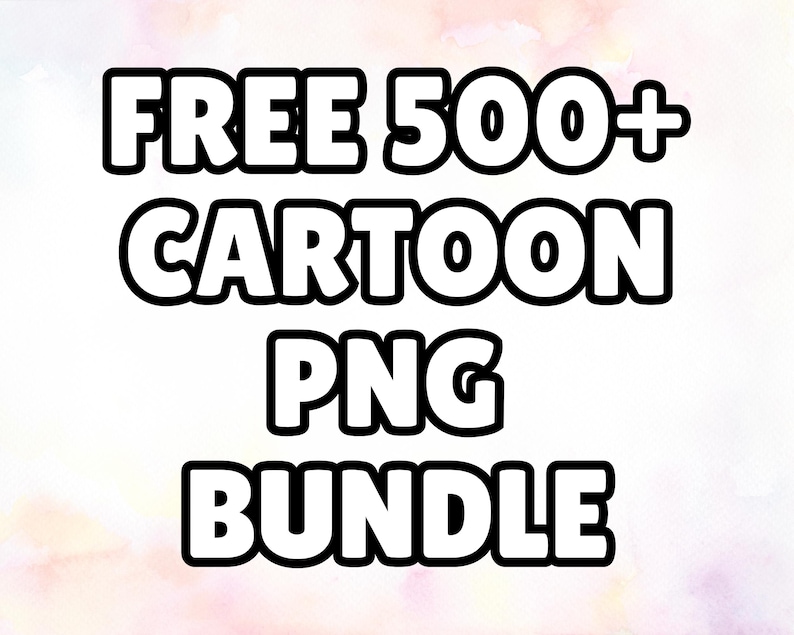 K&ouml;nnte beinhalten: Textgrafik mit den Worten "FREE 500+ CARTOON PNG BUNDLE" in fetten, schwarzen Buchstaben mit wei&szlig;em Umriss. Der Hintergrund ist eine weiche Aquarellwaschung aus Rosa, Lila und Gelb.