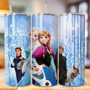 May include: A set of three stainless steel tumblers with a winter wonderland design featuring characters from the film Frozen. The tumblers feature Elsa, Anna, Olaf, Kristoff, and Sven. The background is a blue and white winter scene with snow-covered trees.
