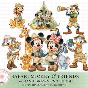 May include: A digital illustration featuring Mickey Mouse, Minnie Mouse, Donald Duck, Daisy Duck, Goofy, and Pluto in safari outfits. The image includes various safari animals and the text "Safari Mickey & Friends 100 Hand Drawn PNG Bundle".