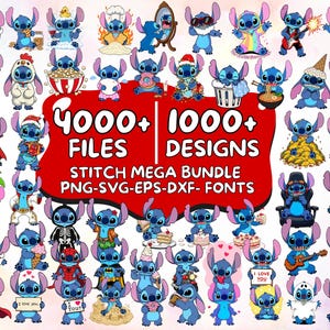 May include: A collage of blue cartoon character illustrations in diverse costumes and settings. The image features the text "4000+ FILES 1000+ DESIGNS STITCH MEGA BUNDLE PNG-SVG-EPS-DXF- FONTS" and the phrases "I love you" and "I love you".