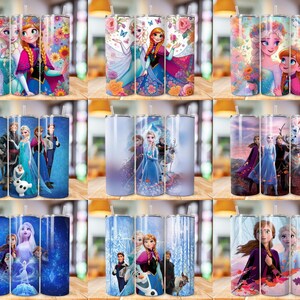 May include: Nine different designs of stainless steel tumblers featuring various characters from the animated film Frozen. The tumblers are all the same size and shape, and they have a white background with colourful images of the characters.