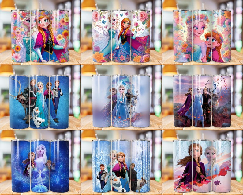 May include: Nine different designs of stainless steel tumblers featuring various characters from the animated film Frozen. The tumblers are all the same size and shape, and they have a white background with colourful images of the characters.