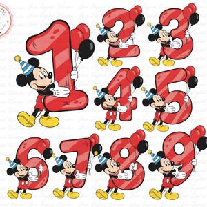Pode incluir: Um conjunto de ilustrações de desenhos animados com os números de 1 a 9. Cada número é vermelho com um padrão de listras diagonais e é segurado por um personagem do Mickey Mouse usando um chapéu de festa. Cada personagem do Mickey Mouse está segurando um monte de balões.