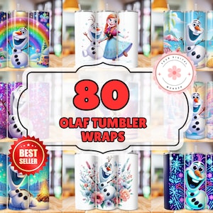 May include: 80 Olaf Tumbler Wraps featuring various designs with Olaf from the movie Frozen. The designs include glitter, floral, rainbow, and fireworks.