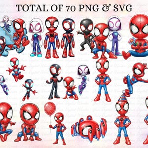 May include: A digital collection of 70 PNG and SVG images featuring Spider-Man characters. The illustrations show Spider-Man in his classic red and blue suit, alongside other characters. The text "TOTAL OF 70 PNG & SVG" is displayed at the top of the image.