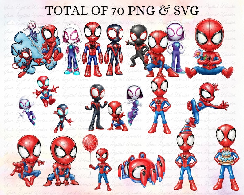 May include: A digital collection of 70 PNG and SVG images featuring Spider-Man characters. The illustrations show Spider-Man in his classic red and blue suit, alongside other characters. The text "TOTAL OF 70 PNG & SVG" is displayed at the top of the image.