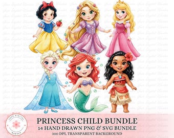 May include: A digital illustration featuring six cartoon princesses: Snow White, Rapunzel, Aurora, Elsa, Ariel, and Moana. The princesses are in colorful dresses. Text at the bottom reads "PRINCESS CHILD BUNDLE" and details about the digital files.