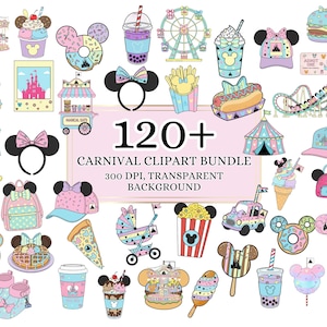 Può includere: Una collezione di oltre 120 immagini clipart a tema carnevale. Le illustrazioni includono una ruota panoramica, montagne russe, generi alimentari e accessori a tema Mickey Mouse in colori pastello. Il testo recita "120+ Carnival Clipart Bundle".