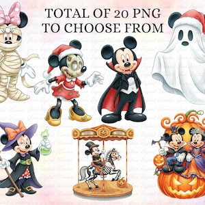 K&ouml;nnte beinhalten: Eine Sammlung von 20 PNG-Bildern mit Mickey und Minnie Mouse in verschiedenen Halloween- und Urlaubs-Kost&uuml;men. Zu den Charakteren geh&ouml;ren eine Mumie, ein Vampir, eine Hexe und ein Geist. Der Text "TOTAL OF 20 PNG TO CHOOSE FROM" steht oben.