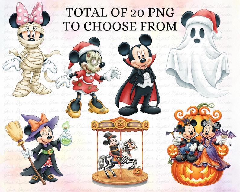 K&ouml;nnte beinhalten: Eine Sammlung von 20 PNG-Bildern mit Mickey und Minnie Mouse in verschiedenen Halloween- und Urlaubs-Kost&uuml;men. Zu den Charakteren geh&ouml;ren eine Mumie, ein Vampir, eine Hexe und ein Geist. Der Text "TOTAL OF 20 PNG TO CHOOSE FROM" steht oben.