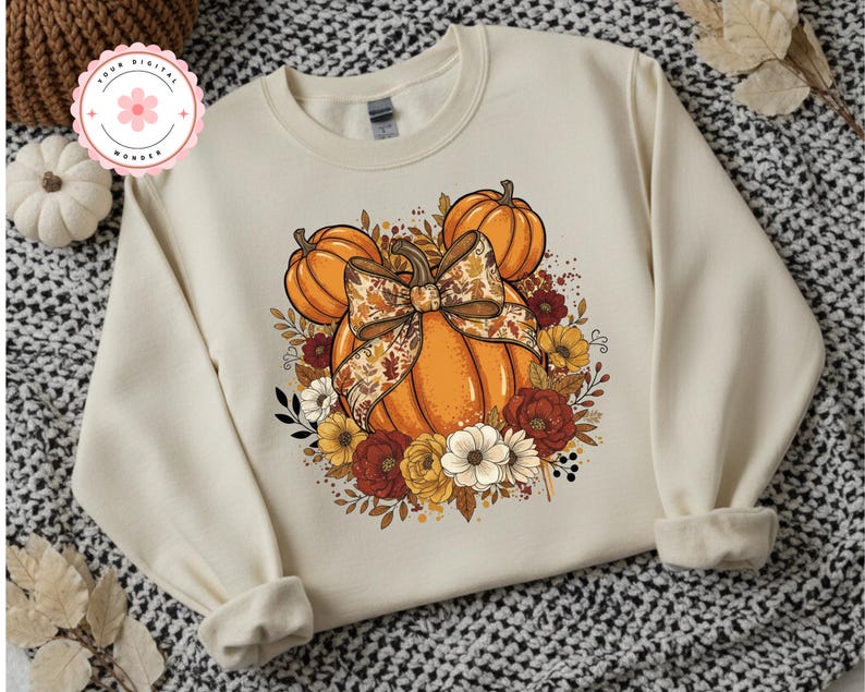 May include: A cream-coloured sweatshirt with a large orange pumpkin design, a decorative bow, and autumn flowers. The design includes smaller pumpkins and a floral arrangement in orange, red, and yellow. The sweatshirt has long sleeves and a crew neck.