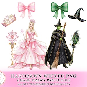 Wicked Png Bundle, Wicked Handrawn Glitter Png, Wicked Pink and Green Png, Wizard Musical Movie Png, Coquette Bow Wicked Png