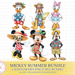 May include: A digital illustration featuring six Disney characters in summer attire. Donald Duck, Goofy, and Mickey Mouse are wearing Hawaiian shirts and hats. Minnie Mouse and Daisy Duck are in summer dresses. The text "MICKEY SUMMER BUNDLE" is at the bottom.