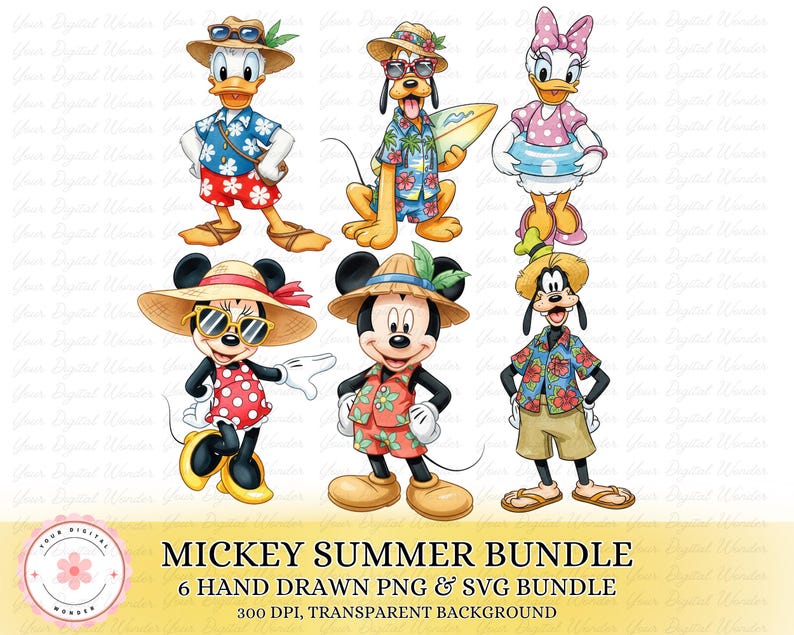 May include: A digital illustration featuring six Disney characters in summer attire. Donald Duck, Goofy, and Mickey Mouse are wearing Hawaiian shirts and hats. Minnie Mouse and Daisy Duck are in summer dresses. The text "MICKEY SUMMER BUNDLE" is at the bottom.