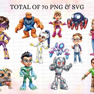 May include: Digital illustrations of various superhero characters, including a Thing-like figure, a robot, and a dog with a superhero emblem. The image includes the text "TOTAL OF 70 PNG & SVG". The characters are in vibrant colours.