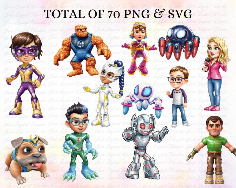 May include: Digital illustrations of various superhero characters, including a Thing-like figure, a robot, and a dog with a superhero emblem. The image includes the text "TOTAL OF 70 PNG & SVG". The characters are in vibrant colours.