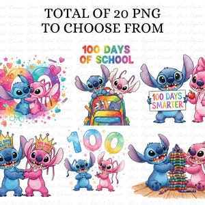 Op de afbeelding: Een verzameling van 20 PNG-afbeeldingen met de personages Stitch en Angel, die "100 dagen school" vieren. De afbeeldingen tonen Stitch en Angel met het getal 100, met borden met de tekst "100 dagen slimmer" en met schoolspullen. De tekst "Totaal 20 PNG om uit te kiezen" staat bovenaan.