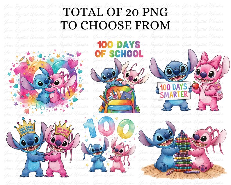 Op de afbeelding: Een verzameling van 20 PNG-afbeeldingen met de personages Stitch en Angel, die "100 dagen school" vieren. De afbeeldingen tonen Stitch en Angel met het getal 100, met borden met de tekst "100 dagen slimmer" en met schoolspullen. De tekst "Totaal 20 PNG om uit te kiezen" staat bovenaan.