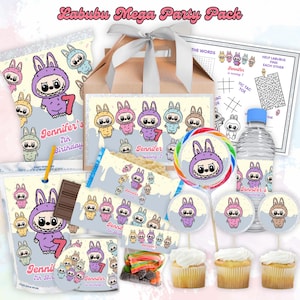Labubu Birthday Kit, Essential Bundle of Labubu printable birthday decor, toppers, banners, labubu tags, water bottle labels, cake toppers