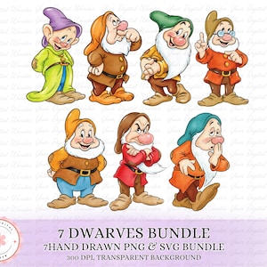 Op de afbeelding: Een digitale illustratie van de zeven dwergen uit Sneeuwwitje, elk in hun kenmerkende outfits. De afbeelding bevat de tekst "7 Dwarves Bundle" en "7 Hand Drawn PNG & SVG Bundle".