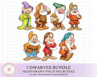 Biancaneve e i sette nani png clipart, sette nani sfondo acquerello, sette nani png, alta qualità, download immediato