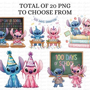 Op de afbeelding: Een verzameling van 20 PNG-afbeeldingen met de personages Stitch en Angel die de 100e schooldag vieren. De afbeeldingen tonen Stitch en Angel in verschillende schoolse omgevingen, met de tekst "100th Day of School" en "100 Days Smarter!"