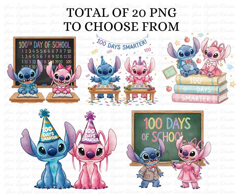 Op de afbeelding: Een verzameling van 20 PNG-afbeeldingen met de personages Stitch en Angel die de 100e schooldag vieren. De afbeeldingen tonen Stitch en Angel in verschillende schoolse omgevingen, met de tekst "100th Day of School" en "100 Days Smarter!"