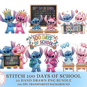Op de afbeelding: Een digitale kunstbundel met Stitch- en Angel-personages die de 100e schooldag vieren. De illustraties bevatten Stitch en Angel die borden vasthouden met de tekst "100 dagen slimmer" en "100 dagen leren". De tekst "Stitch 100 Days of School" is ook opgenomen.