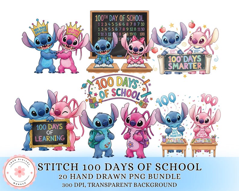 Op de afbeelding: Een digitale kunstbundel met Stitch- en Angel-personages die de 100e schooldag vieren. De illustraties bevatten Stitch en Angel die borden vasthouden met de tekst "100 dagen slimmer" en "100 dagen leren". De tekst "Stitch 100 Days of School" is ook opgenomen.
