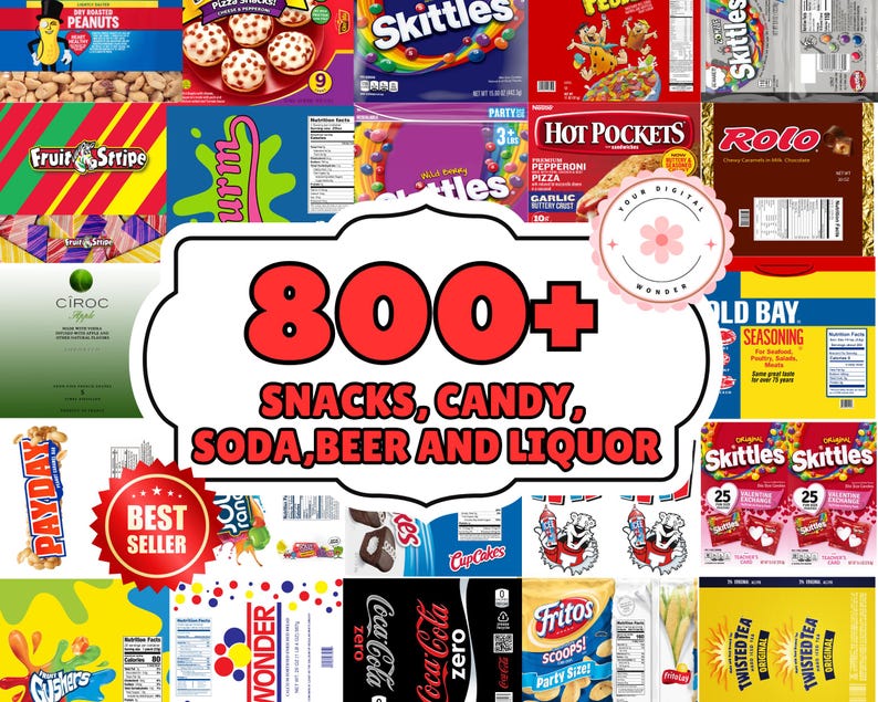 May include: A collage of over 800 different snack, candy, soda, beer, and liquor brands. The image features a variety of popular brands, including Skittles, Fruit Stripe, Payday, Hot Pockets, and Coca-Cola.