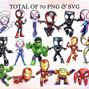 May include: A selection of cartoon superhero characters, including Spider-Man, Black Panther, Hulk, and Iron Man. The image shows different poses and designs of the characters, with the text "TOTAL OF 70 PNG & SVG" at the top.