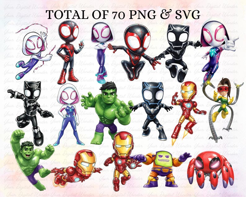 May include: A selection of cartoon superhero characters, including Spider-Man, Black Panther, Hulk, and Iron Man. The image shows different poses and designs of the characters, with the text "TOTAL OF 70 PNG & SVG" at the top.