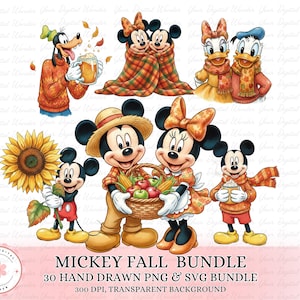 Peut inclure: Illustration numérique avec Mickey et Minnie Mouse, Dingo, Donald et Daisy Duck, dans des scènes d'automne. L'image comprend un tournesol, un panier de produits et le texte "MICKEY FALL BUNDLE".