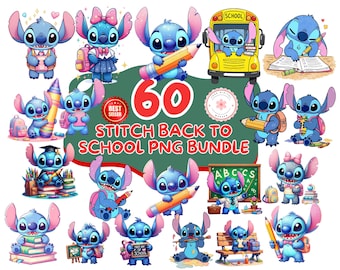Może przedstawiać: Kolekcja 20 kolorowych obrazów PNG przedstawiających postać Stitcha w różnych scenariuszach powrotu do szkoły. Stitch jest przedstawiony z ołówkami, książkami i szkolnym autobusem. Tekst "60 STITCH BACK TO SCHOOL PNG BUNDLE" jest widoczny.