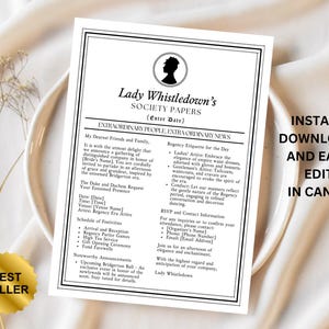 Editable Bridgerton Bridal Shower Lady Whistledown Column, 1 page, canva editable template,