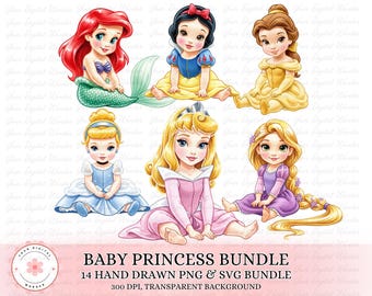 May include: A digital art bundle featuring six baby princess illustrations. Each princess is depicted in a seated position, wearing iconic gowns and accessories. The image includes text that reads "BABY PRINCESS BUNDLE" and details about the file format.