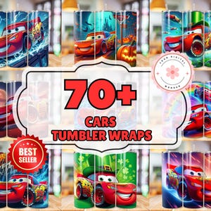 Puede incluir: Un collage de nueve imágenes que presentan diferentes diseños de envolturas para vasos con el personaje animado Rayo McQueen de la película Cars de Disney Pixar. El texto "70+ CARS TUMBLER WRAPS" está en el centro del collage.