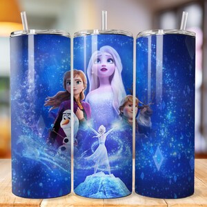 May include: A blue and white stainless steel tumbler featuring a design with characters from the animated film Frozen. The design includes Elsa, Anna, Olaf, and Kristoff. The tumbler has a straw and a lid.