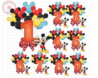 ハッピーバースデーミッキーマウスpng、誕生日数字、ミッキーマウス数字クリップアート、バンドル、ミッキーマウスデザイン数字