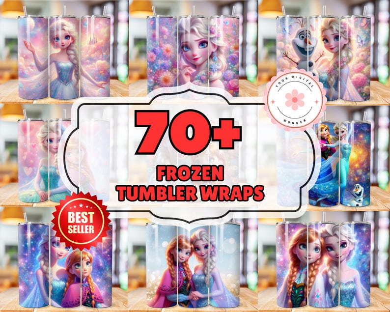 May include: 70+ Frozen tumbler wraps featuring various designs with characters from the movie Frozen. The designs include a variety of colours, including blue, pink, purple, and white. The wraps are perfect for adding a personal touch to your tumblers.