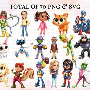 May include: A digital graphic with 15 cartoon characters, including a cat, dog, rabbit, and superheroes. The text "TOTAL OF 70 PNG & SVG" is at the top. The characters are in bright colours and various poses.