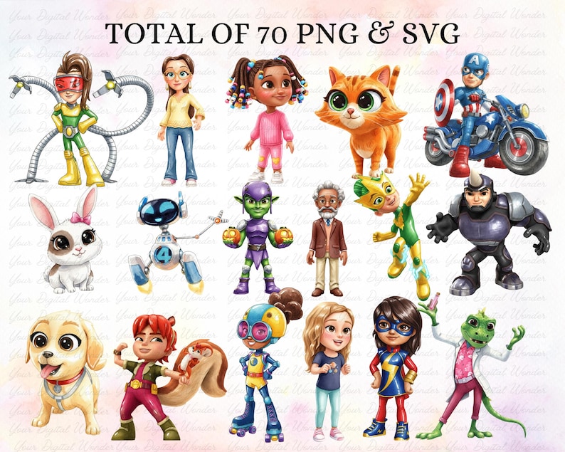 May include: A digital graphic with 15 cartoon characters, including a cat, dog, rabbit, and superheroes. The text "TOTAL OF 70 PNG & SVG" is at the top. The characters are in bright colours and various poses.