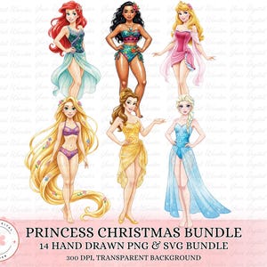 May include: Digital illustration of six princesses in various outfits. The princesses include Ariel, Moana, Aurora, Rapunzel, Belle, and Elsa. The image includes the text "PRINCESS CHRISTMAS BUNDLE" and details about the file type and resolution.