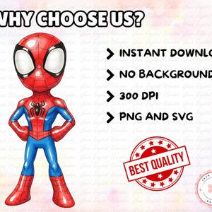 May include: A cartoon illustration of Spider-Man in a red and blue suit. The image includes the text "WHY CHOOSE US?" and lists features like "INSTANT DOWNLOAD" and "BEST QUALITY".