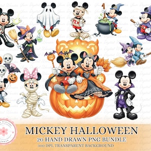 K&ouml;nnte beinhalten: Eine digitale Illustration mit Mickey Mouse-Charakteren in Halloween-Kost&uuml;men, darunter ein Skelett, eine Mumie und eine Hexe. Das Bild zeigt einen K&uuml;rbis und den Text "Mickey Halloween 20 Hand Drawn PNG Bundle".