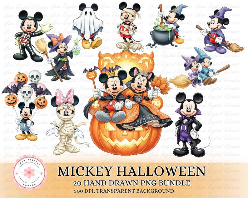 K&ouml;nnte beinhalten: Eine digitale Illustration mit Mickey Mouse-Charakteren in Halloween-Kost&uuml;men, darunter ein Skelett, eine Mumie und eine Hexe. Das Bild zeigt einen K&uuml;rbis und den Text "Mickey Halloween 20 Hand Drawn PNG Bundle".