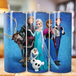 May include: A blue and white stainless steel tumbler featuring a design with characters from the animated film Frozen. The design includes Elsa, Anna, Kristoff, Olaf, and Sven the reindeer.